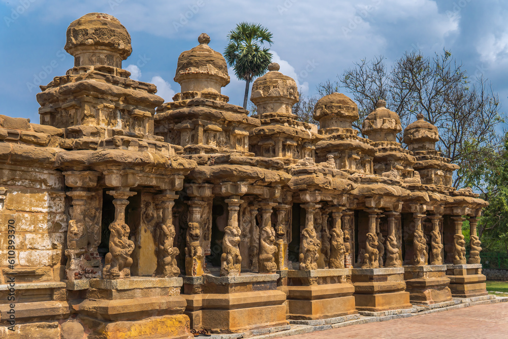 External small mandapams in heritage kailasanathar temple located in Kanchipram, Tamil Nadu, India