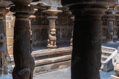 A mythological lion statue in Vaikunta Perumal temple, one of 108 divya desams in Kanchipuram, Tamil Nadu, India photo