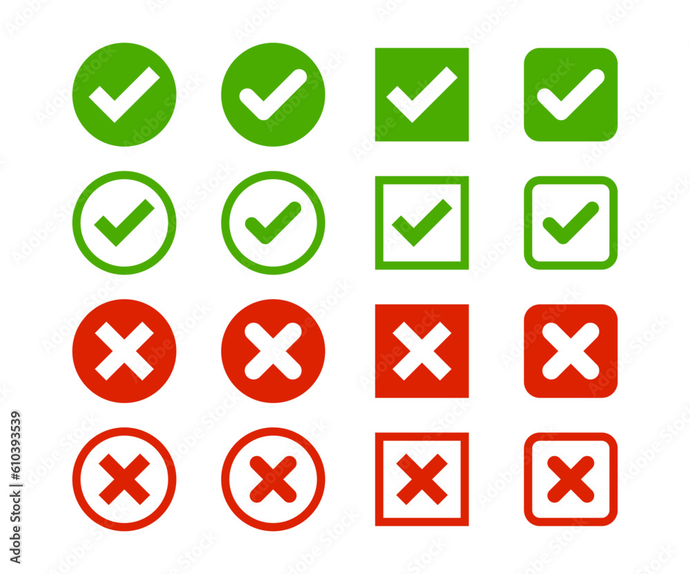 Check mark and cross mark vector icon set. Right and wrong vector sign. Checkmark and x mark icon. Isolated tick symbols, checklist signs, approval badge. Check mark and cross mark vector icon set. Right and wrong vector sign. Checkmark and x mark icon. Isolated tick symbols, checklist signs, approval badge.