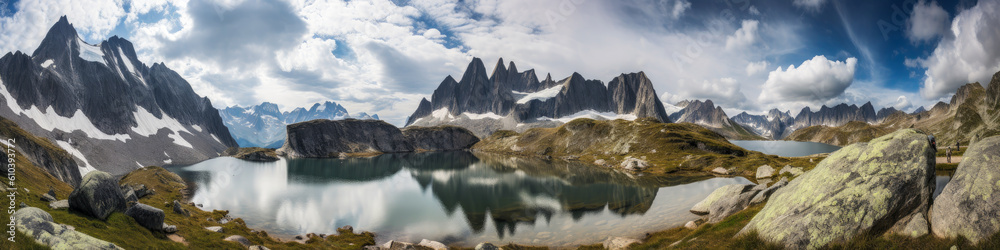 Captivating Alpine valley panorama featuring serene lake, snow-capped mountains, and a vibrant sky - evoke emotion in your project with this stunning scenery. Generative AI