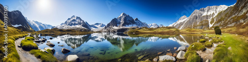 Captivating alpine panorama sparks awe, featuring a serene lake amid snow-capped mountains, and glorious sky - perfect to evoke tranquility and inspiration (). Generative AI