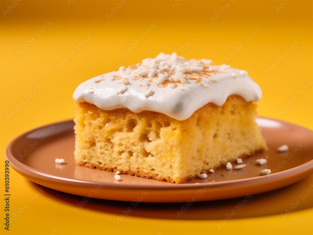Tres leches cake with whipped cream and fresh berries on top, yellow background. Traditional cake from Latin America. 