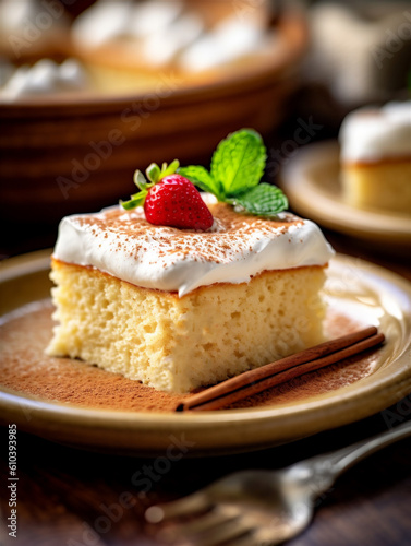 close up of a tres leches cake with whipped cream and caramel sauce, ai generated photo