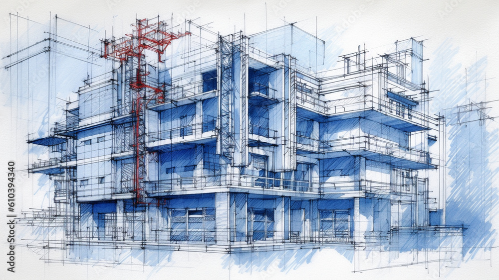 Architectural ink drawing design which is a blueprint design with 3d model. Generative AI.