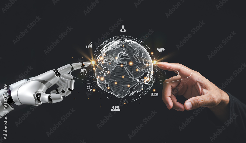 Business man and robot hand pointing at smart business technology, global internet connection, digital marketing, digital link tech, big data play role in their success. concept corporate achievement