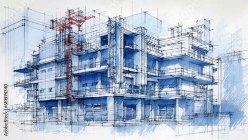 Wallpaper Mural Architectural ink drawing design which is a blueprint design with 3d model. Generative AI. Torontodigital.ca