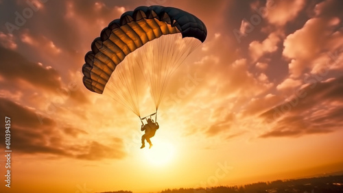 Man jumps with parachute at sunset with Generative AI. photo