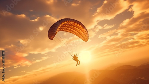 Man jumps with parachute at sunset with Generative AI.
