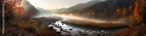 Stunning mystical mountain panorama, enveloped in fog, adorned with vibrant autumn foliage and meandering river, gently lit by morning light. Emotionally captivating scenery. Generative AI