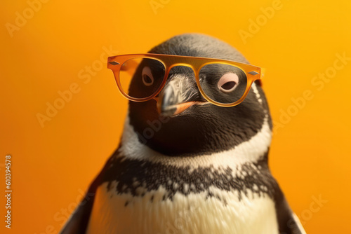 Funny penguin in sunglasses posing on a vibrant yellow background perfect for your summer designs AI Generative. © sorapop
