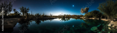 Panoramic view of a peaceful Saharan oasis bathed in moonlight and illuminated by the stars. Sparkling reflections on the water invite contemplation. Generative AI