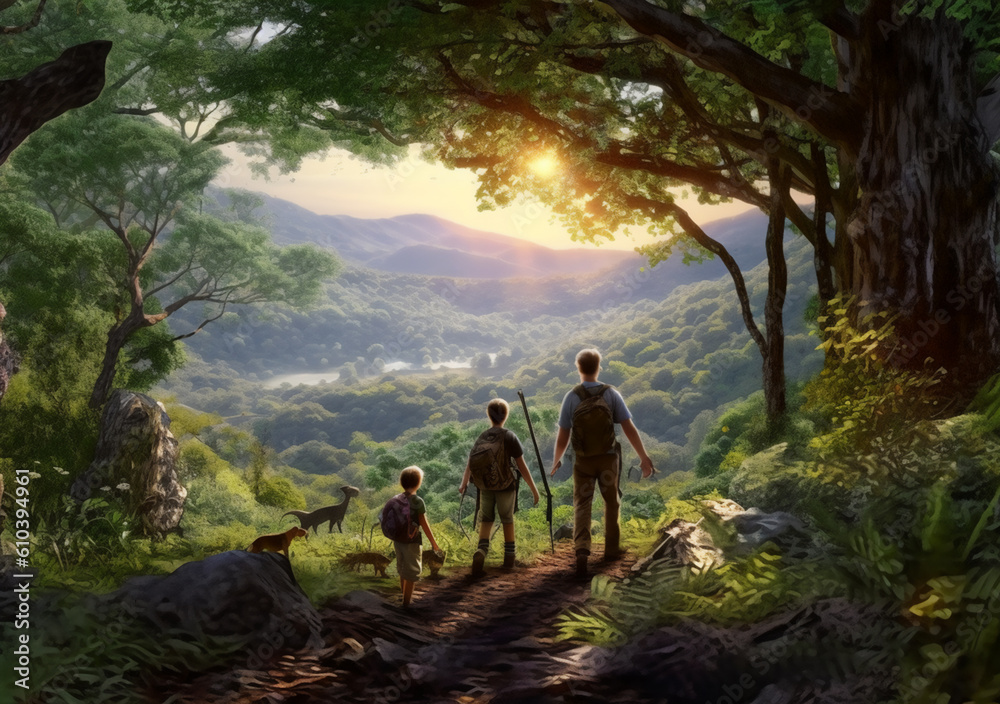 Obraz premium family hiking together on a nature generative AI