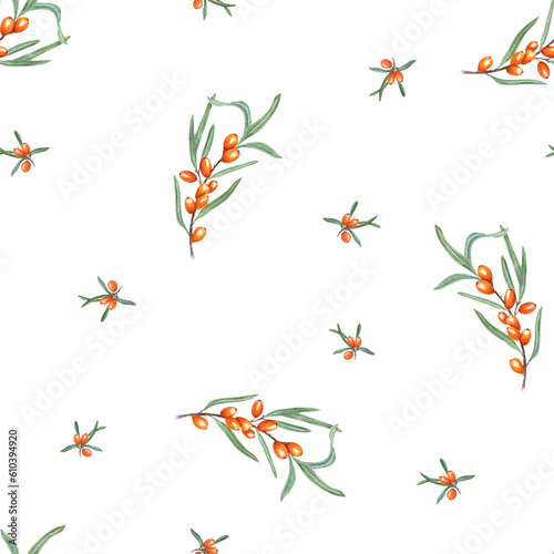 Watercolor seamless pattern of sea buckthorn branch isolated on transparent background. Botanical illustration with orange berries for room decor, print, postcards, textile design.