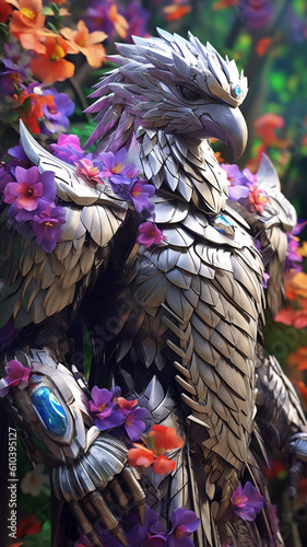 Eagle wearing silver armor with flowers generative AI © soysuwan123