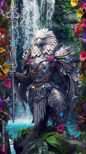 Eagle wearing silver armor with flowers generative AI