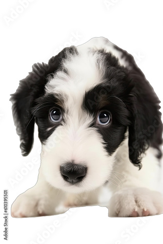 Close-up of a cute puppy dog sitting looking forward. On a transparent background - Generative AI  photo