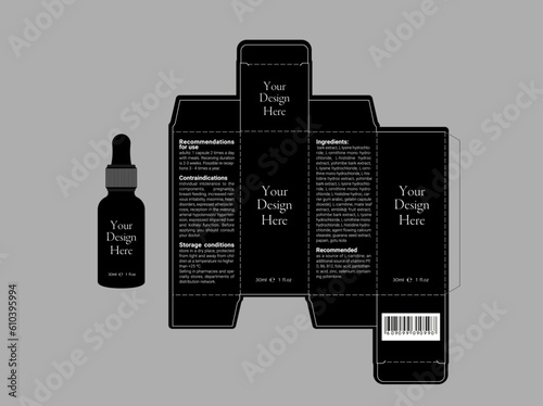 Editable vector image of black cosmetic bottle and box with dieline box on neutral background photo