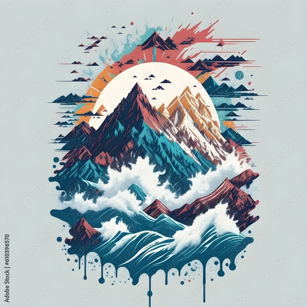 A detailed illustration of mountains, retro t-shirt graphic, generative ai