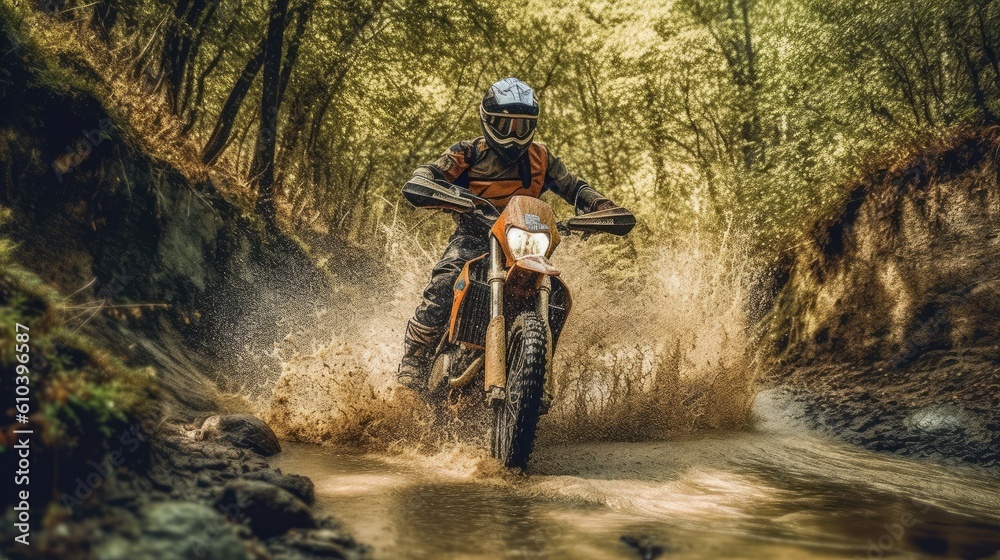 Naklejka premium Conquering challenging terrains, the dirt bike racer overcomes obstacles with ease