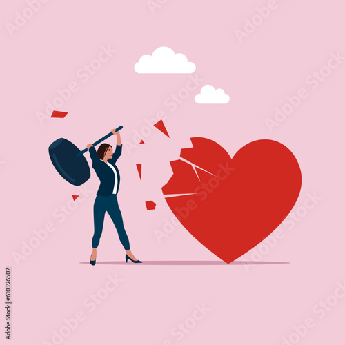 Angry  wife using big hammer to hit broken heart shape metaphor of family problem. Marriage difficulties problem, divorce. Flat vector illustration
