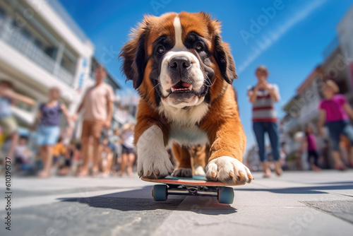 Saint bernard puppy dog riding skateboard on the street. AI generative art photo