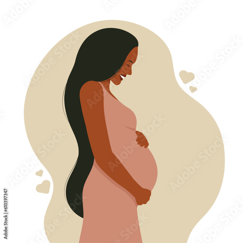 Happy pregnant woman hugging her belly. Future mom. Vector illustration in flat style. Healthcare concept.  