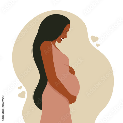 Happy pregnant woman hugging her belly. Future mom. Vector illustration in flat style. Healthcare concept.	
