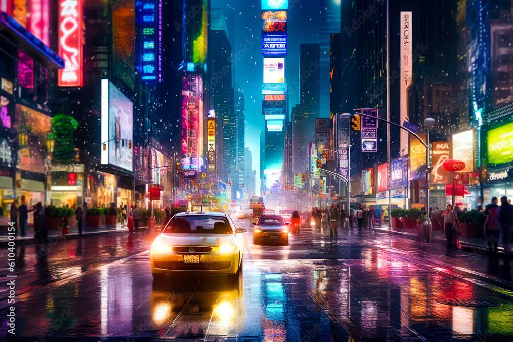 A rainy street in a big city, with lots of advertising lights, lots of life at night, generative ai