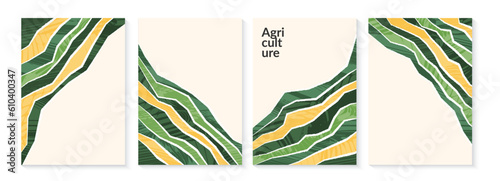 Agriculture farm green poster design. Organic abstract field vector background. Agro landscape flyer. Agri business template. Eco farmland illustration set. Organic pattern card. Summer nature cover