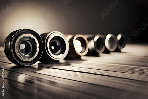 A set of vintage camera lenses arranged in a row on a wooden surface with a soft light coming from the side