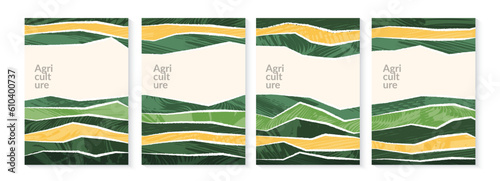 Abstract eco green agricultural vector background. Farm field template. Organic header design. Fresh nature landscape, ecology collage. Agro business card layout, farmland poster, countryside flyer