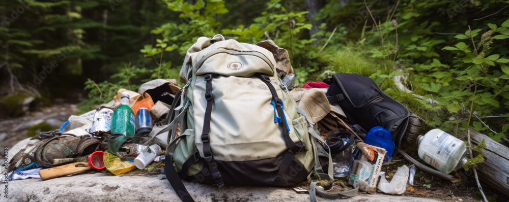 Image of a tourist's backpack and belongings surrounded by various types of discarded waste. Focuses on the negative impact of irresponsible travelers on the environment. Generative AI
