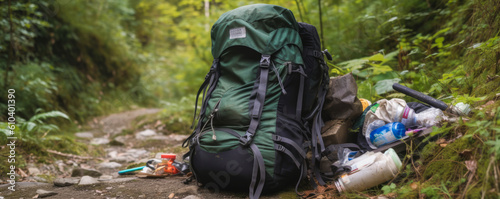 Impressive photo of a tourist's backpack amid litter on a trail, conveying the harmful effects of careless travelers. Generative AI