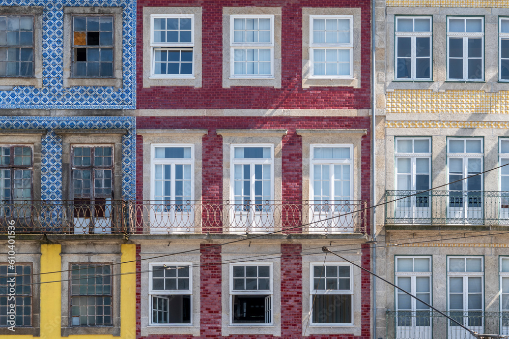 Portuguese house colourful facade. Old houses in city of porto old town, Portugal.