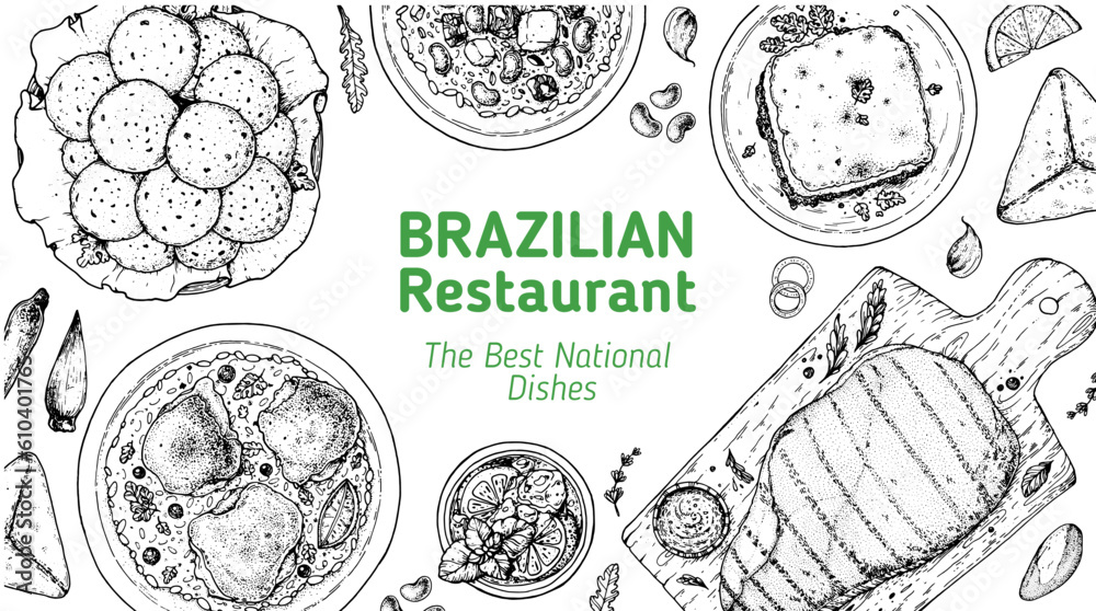 Brazilian food top view vector illustration. Food menu design template. Hand drawn sketch. Brazilian food menu. Traditional Brazilian cuisine. Pao de quejo, Galinhada, Escondidinho, Baiao de dois
