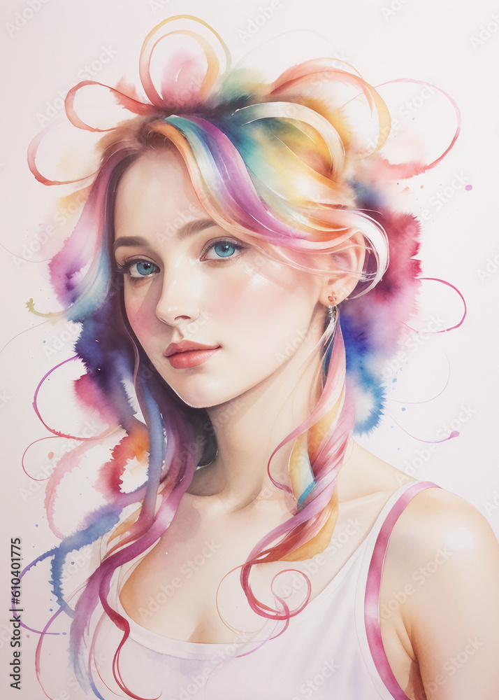 illustrazione generativa ai ritratto di affascinante giovane donna eseguito con colori ad acqua, capelli mossi e sciolti sulle spalle, nastri colorati, chiazze di colore, primo piano