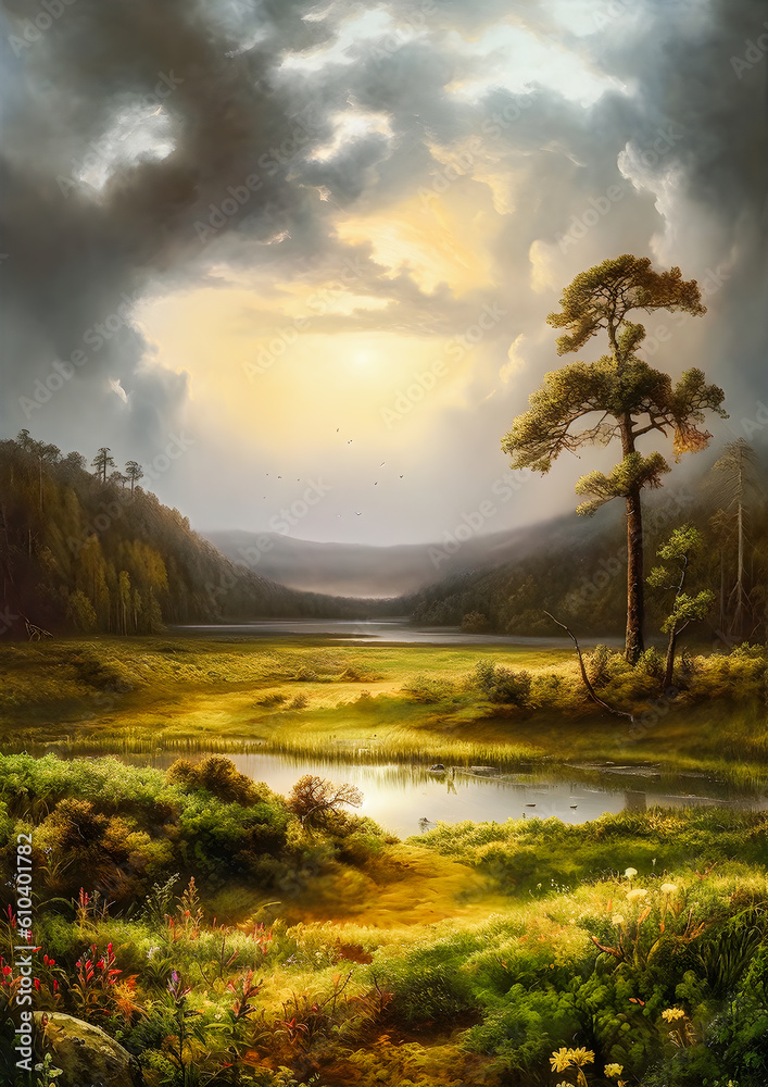 sunset paradise landscape with misty atmosphere and sunlight at golden hour, painting illustration wallpaper