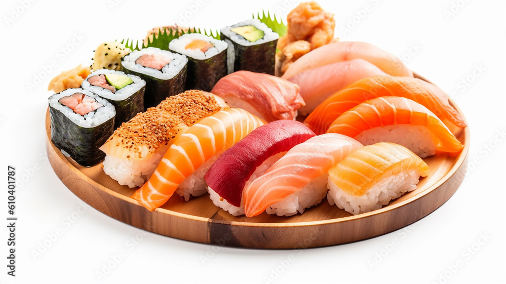 delicious japanese set with sushi and rolls with salmon and tuna fish on a white background.Generative AI delicious japanese set with sushi and rolls with salmon and tuna fish on a white background.Generative AI