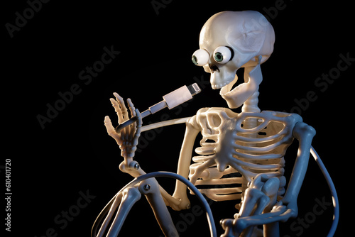 Funny skeleton toy holding a phone charging cable, he symbolizes USB Lightning connector dead for a European decision. On a black background. photo