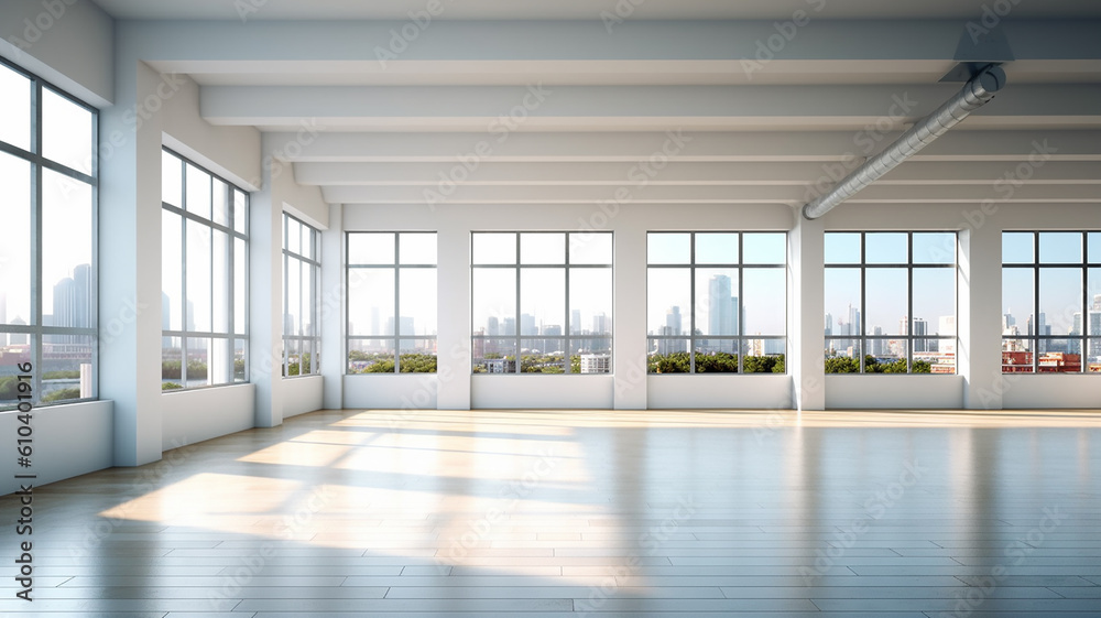 Fototapeta premium empty bright spacious apartment room with large windows .Generative AI