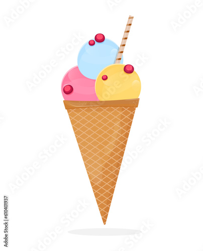 Ice cream cone with cherry. Vector illustration in a flat style. Isolated on a white background.