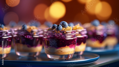 buffet with sweets purple cakes and pastries in a restaurant at sunset .Generative AI..