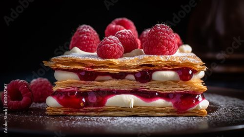delicious sweet dessert millefeuille with raspberries in a restaurant.Generative AI photo