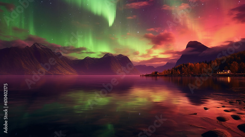 beautiful nature view lake with northern lights reflection .Generative AI. © Sheviakova