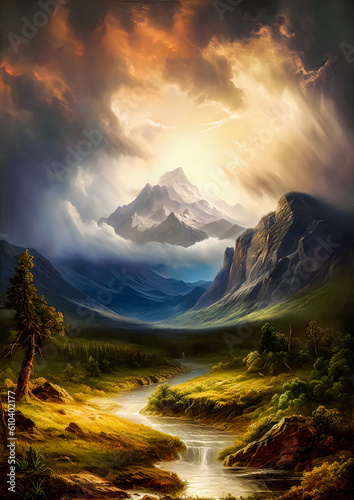 beautiful paradise landscape with misty atmosphere and sunlight at golden hour, painting illustration wallpaper