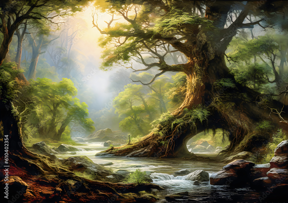 beautiful paradise landscape with large trees and a river in misty atmosphere and sunlight at golden hour, painting illustration wallpaper