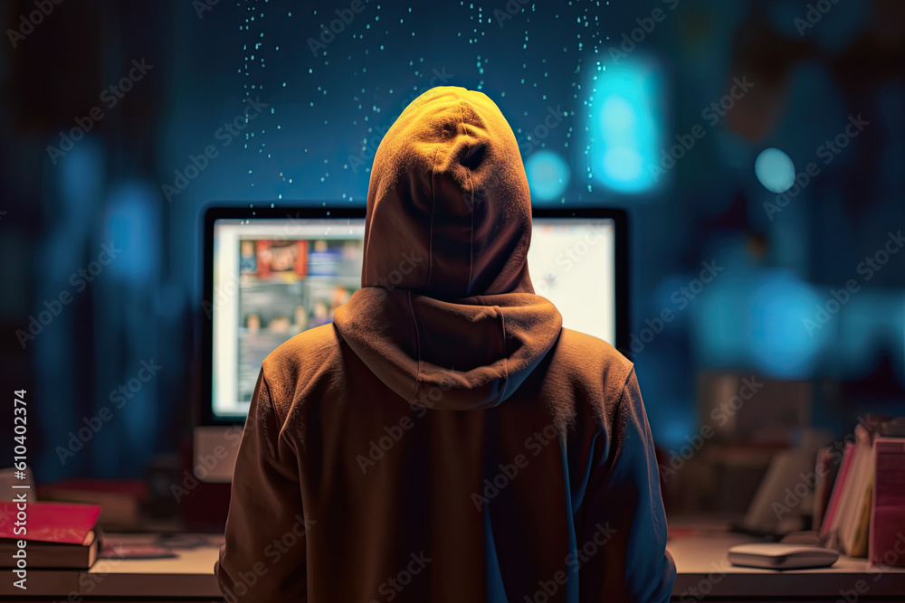Hipster in a hoodie behind a computer dealing with bitcoins. Ai. High quality. Generative AI