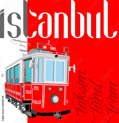 Istanbul city skyline, tram, vector illustrations for poster.