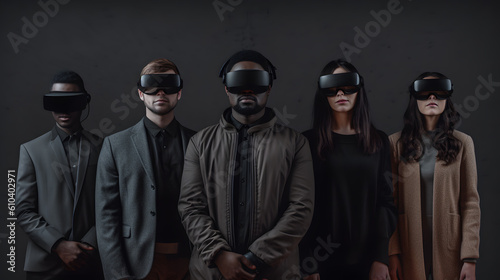 A multicultural group of stylish young people wearing virtual reality goggles stand against a dark wall. Created with Generative AI technology.