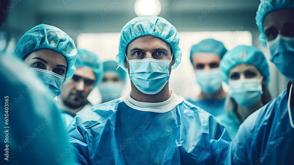Portrait of a professional surgeon looking into the camera, surrounded by his team.In the background is a modern hospital operating room.?reated with Generative AI technology. Portrait of a professional surgeon looking into the camera, surrounded by his team.In the background is a modern hospital operating room.?reated with Generative AI technology.